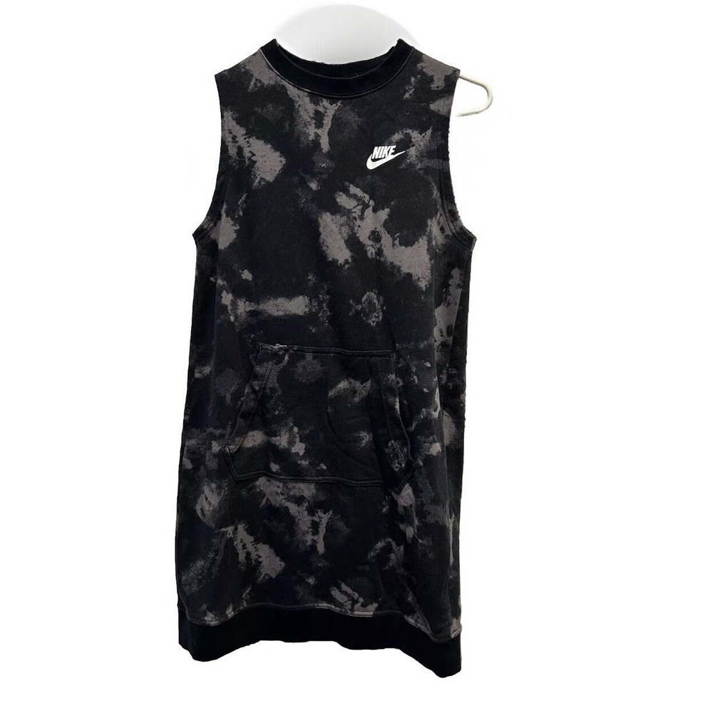 Nike Women Tie Dye Sleeveless Sweatshirt Dress Pouch Pocket Black Gray Small